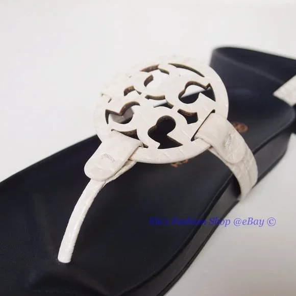 NIB Tory Burch Miller Cloud Leather Thong Sandal Cream Navy US 9 100% AUTHENTIC